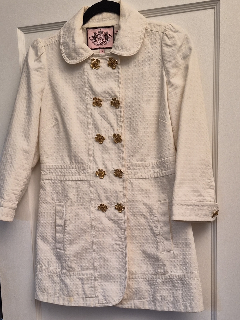 Juicy Couture Cream Double-Breasted Coat with Gold Floral Buttons
